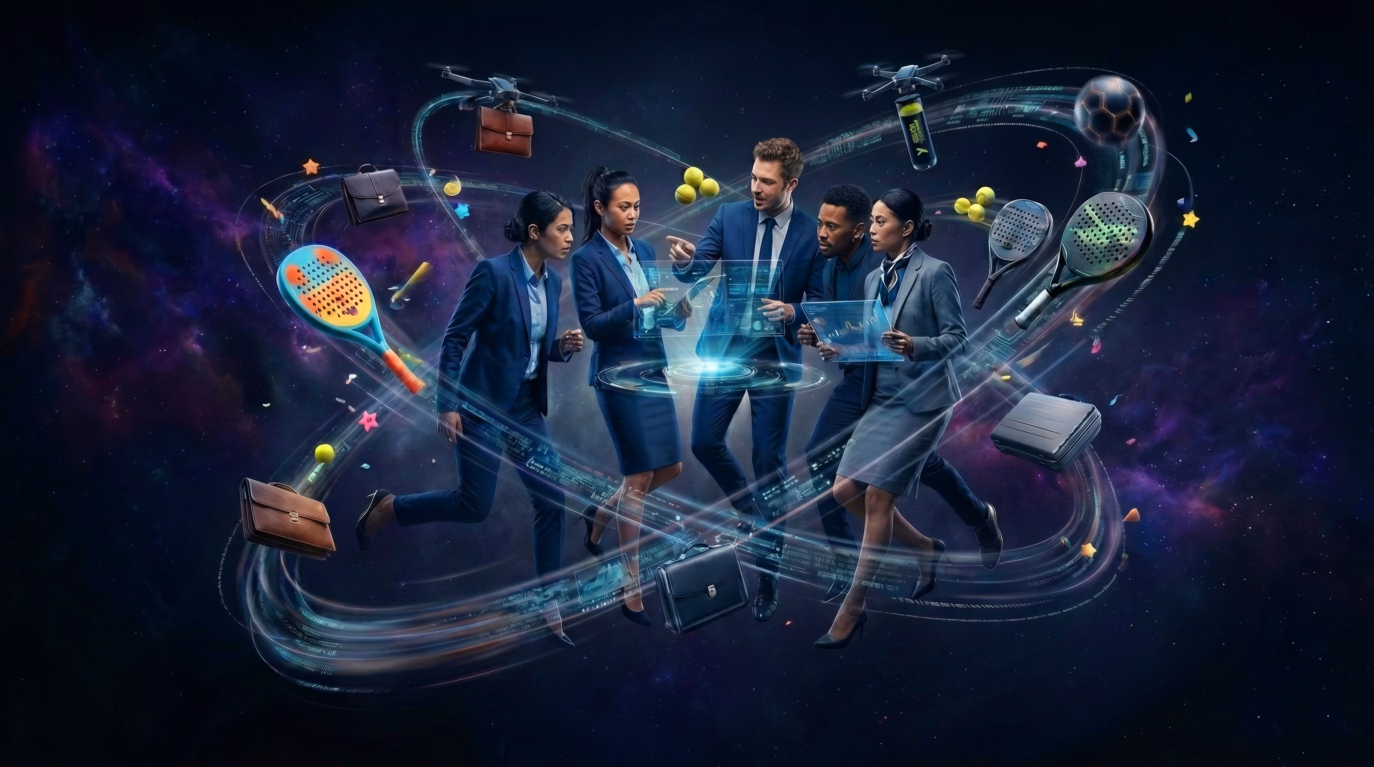 Poslovna ekipa na team buildingu s športnimi rekviziti